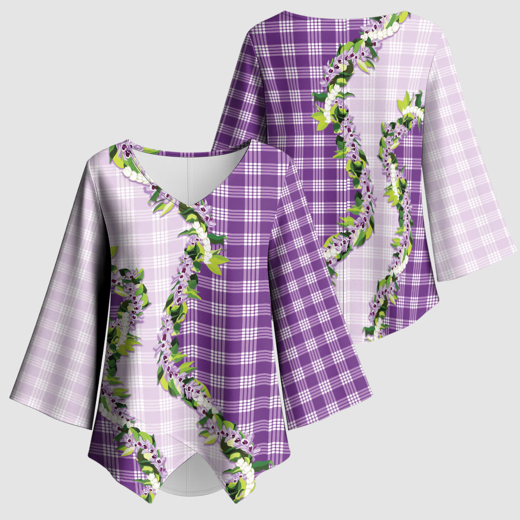 Violet Hawaii Palaka Kimono Sleeve Blouse Maile Pikake Honohono Orchid Lei