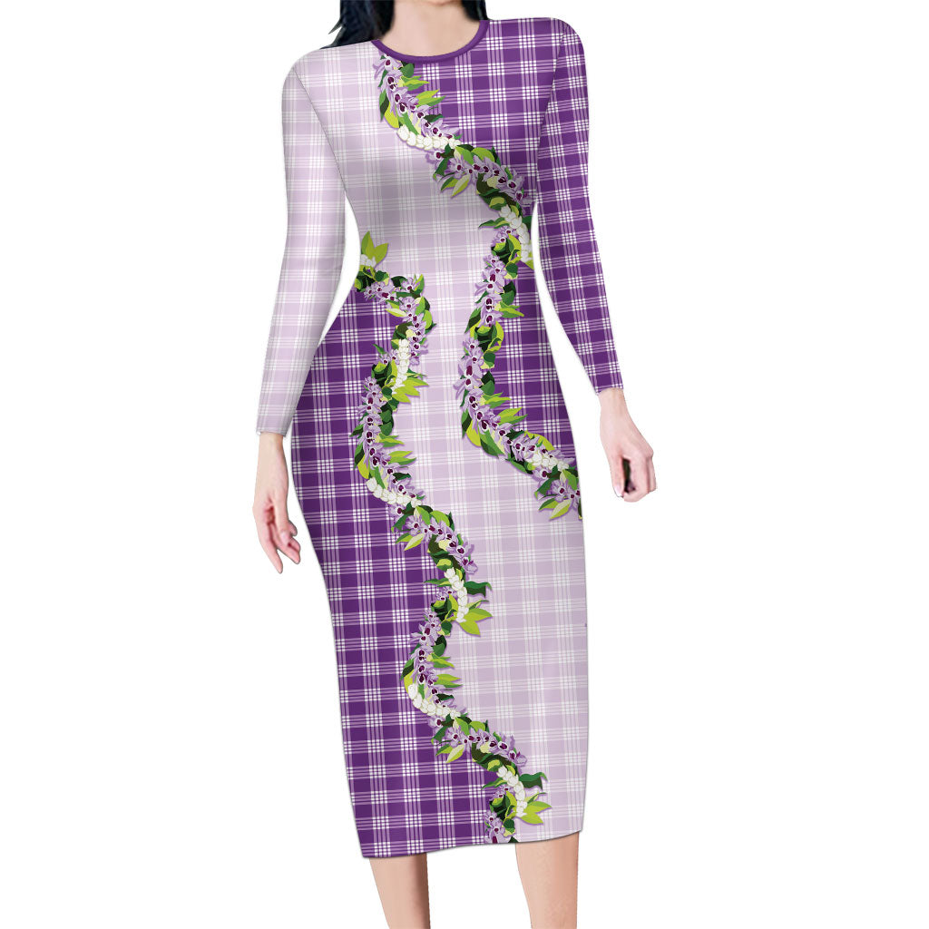 Violet Hawaii Palaka Long Sleeve Bodycon Dress Maile Pikake Honohono Orchid Lei