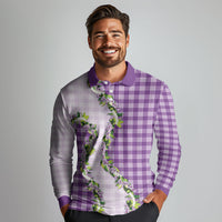 Violet Hawaii Palaka Long Sleeve Polo Shirt Maile Pikake Honohono Orchid Lei