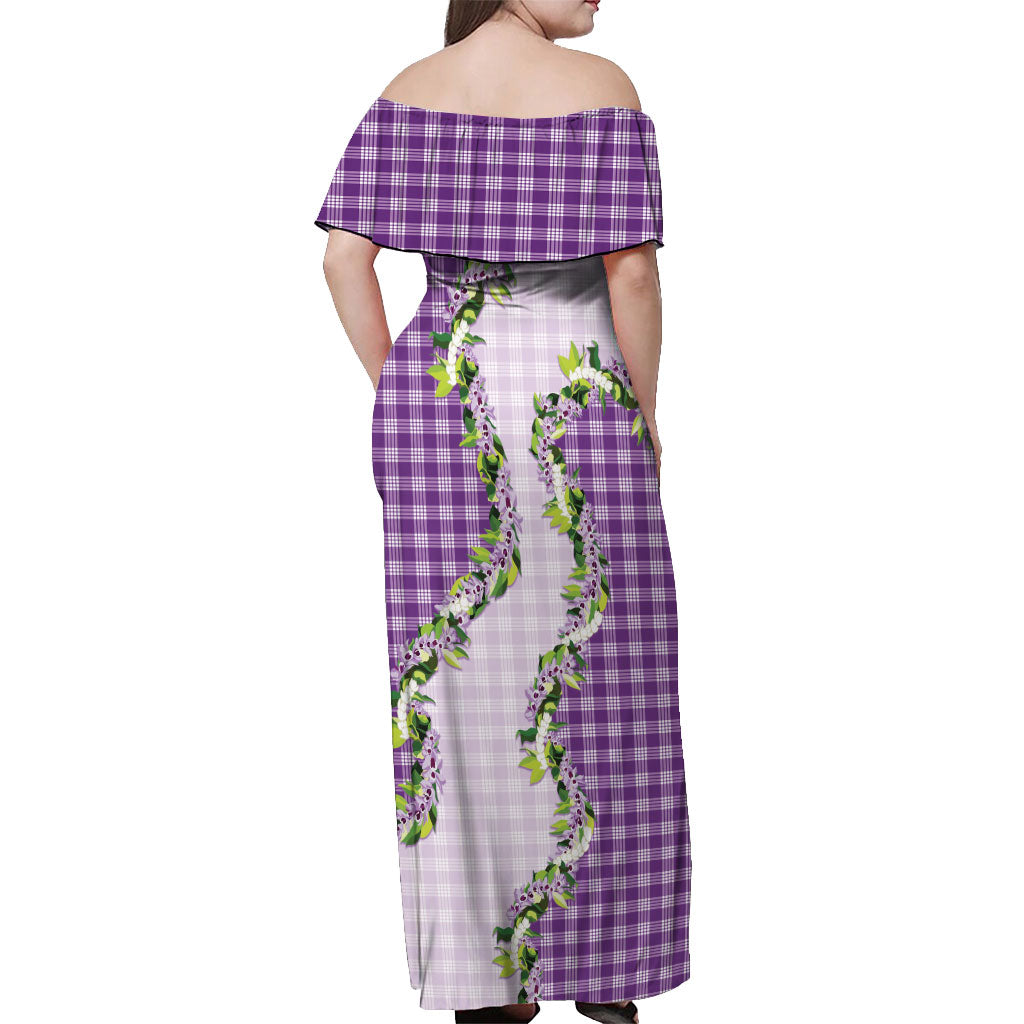 Violet Hawaii Palaka Off Shoulder Maxi Dress Maile Pikake Honohono Orchid Lei