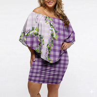 Violet Hawaii Palaka Off Shoulder Short Dress Maile Pikake Honohono Orchid Lei LT05 Women Violet - Polynesian Pride
