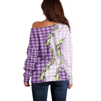 Violet Hawaii Palaka Off Shoulder Sweater Maile Pikake Honohono Orchid Lei