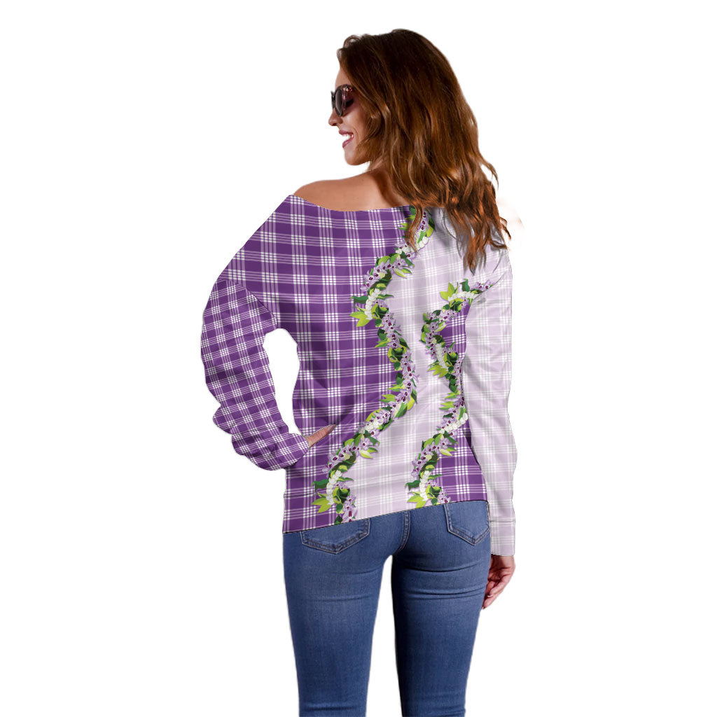 Violet Hawaii Palaka Off Shoulder Sweater Maile Pikake Honohono Orchid Lei