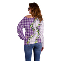 Violet Hawaii Palaka Off Shoulder Sweater Maile Pikake Honohono Orchid Lei
