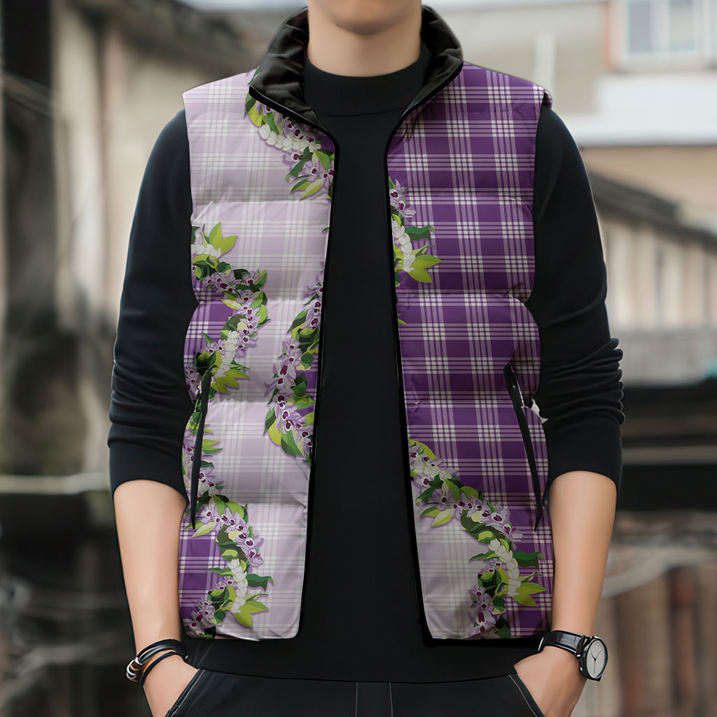 Violet Hawaii Palaka Sleeveless Puffer Jacket Maile Pikake Honohono Orchid Lei