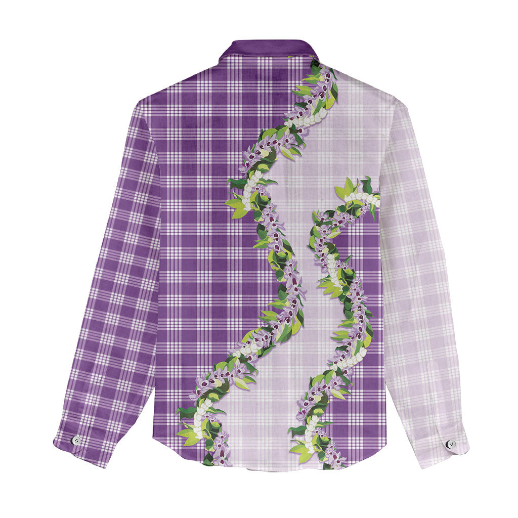 Violet Hawaii Palaka Women Casual Shirt Maile Pikake Honohono Orchid Lei