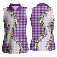 Violet Hawaii Palaka Women Sleeveless Polo Shirt Maile Pikake Honohono Orchid Lei