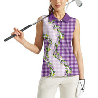Violet Hawaii Palaka Women Sleeveless Polo Shirt Maile Pikake Honohono Orchid Lei