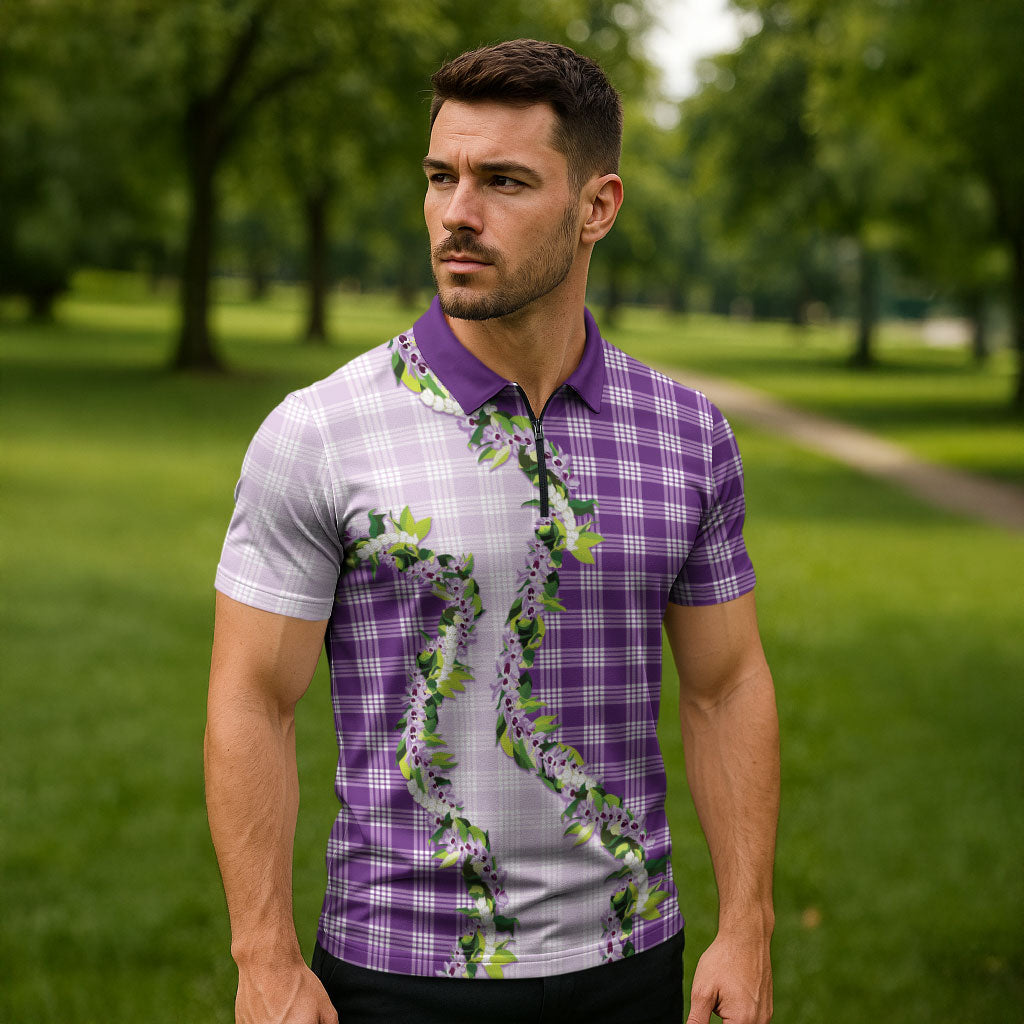 Violet Hawaii Palaka Zipper Polo Shirt Maile Pikake Honohono Orchid Lei