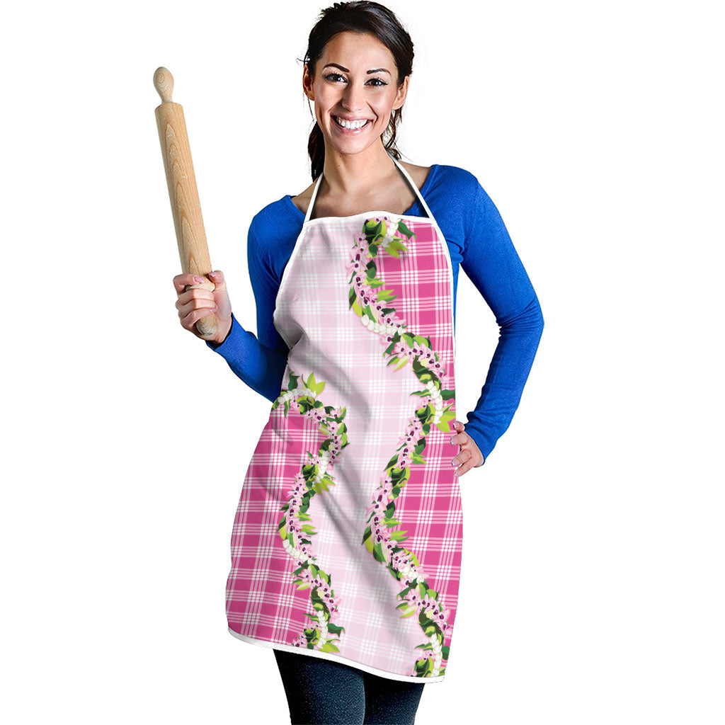 Pink Hawaii Palaka Apron Maile Pikake Honohono Orchid Lei