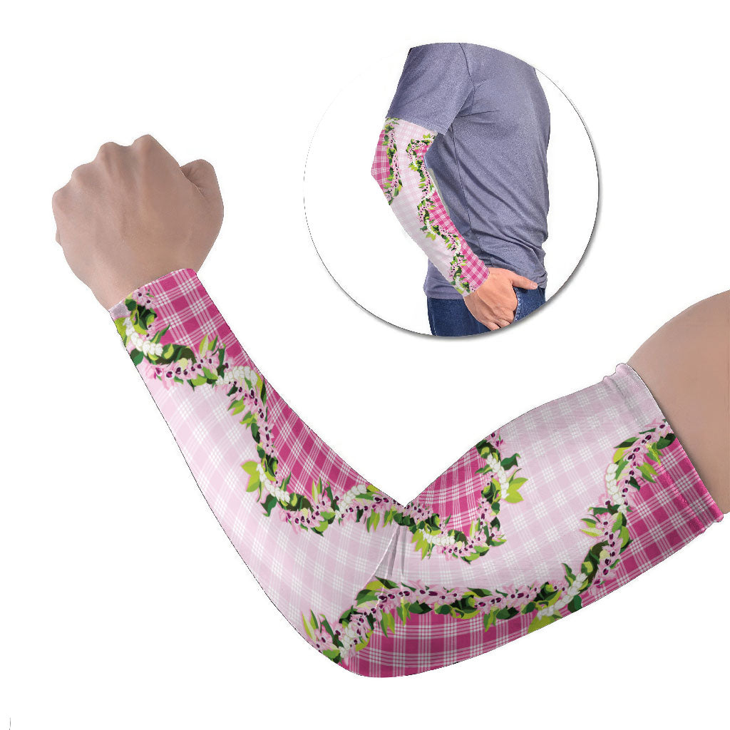 Pink Hawaii Palaka Arm Sleeves Maile Pikake Honohono Orchid Lei