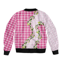 Pink Hawaii Palaka Bomber Jacket Maile Pikake Honohono Orchid Lei