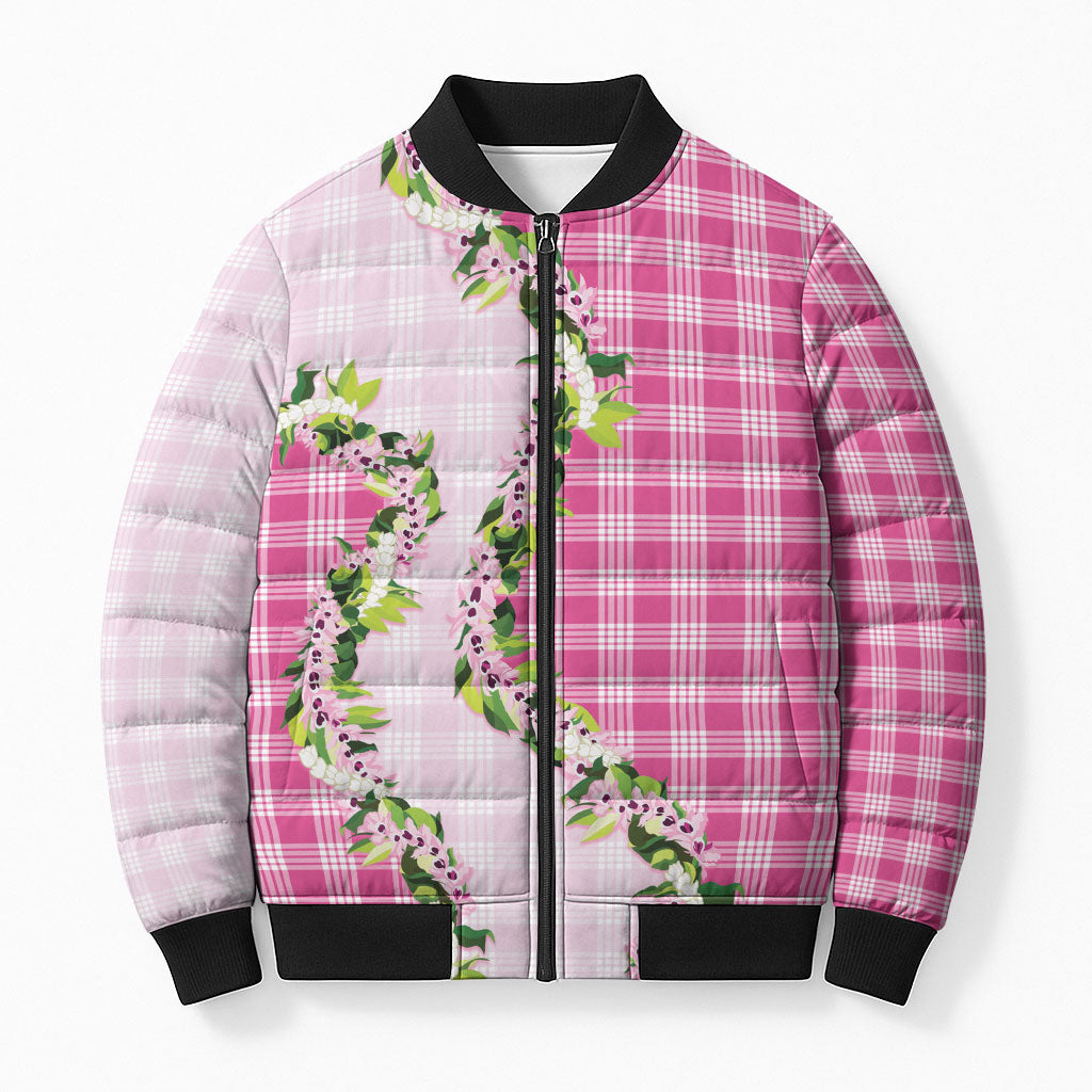 Pink Hawaii Palaka Bomber Puffer Jacket Maile Pikake Honohono Orchid Lei