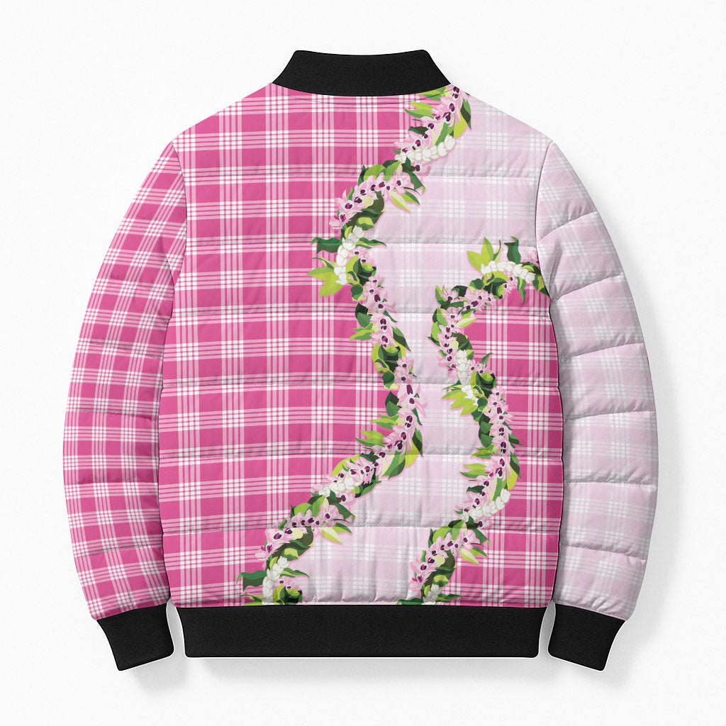 Pink Hawaii Palaka Bomber Puffer Jacket Maile Pikake Honohono Orchid Lei