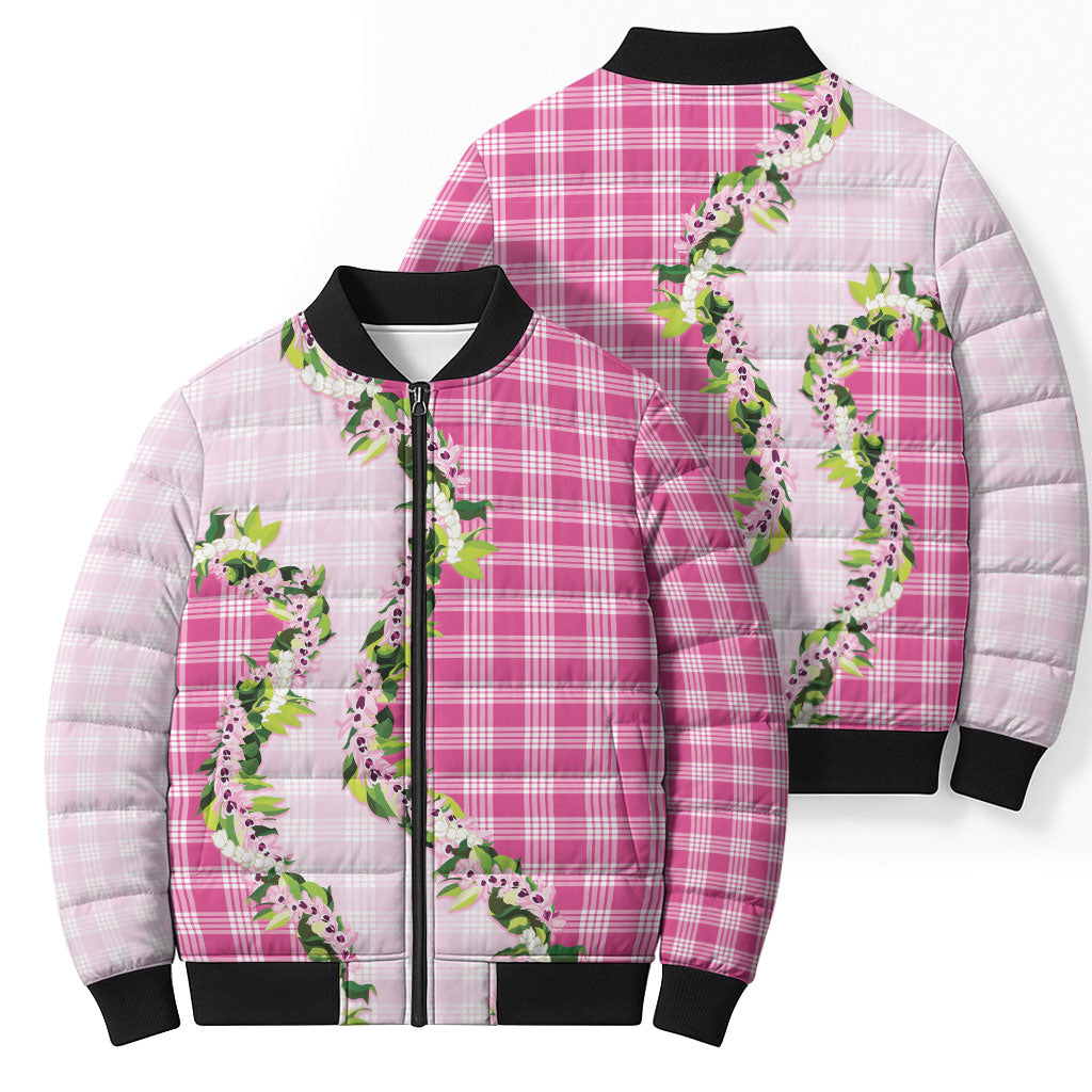 Pink Hawaii Palaka Bomber Puffer Jacket Maile Pikake Honohono Orchid Lei