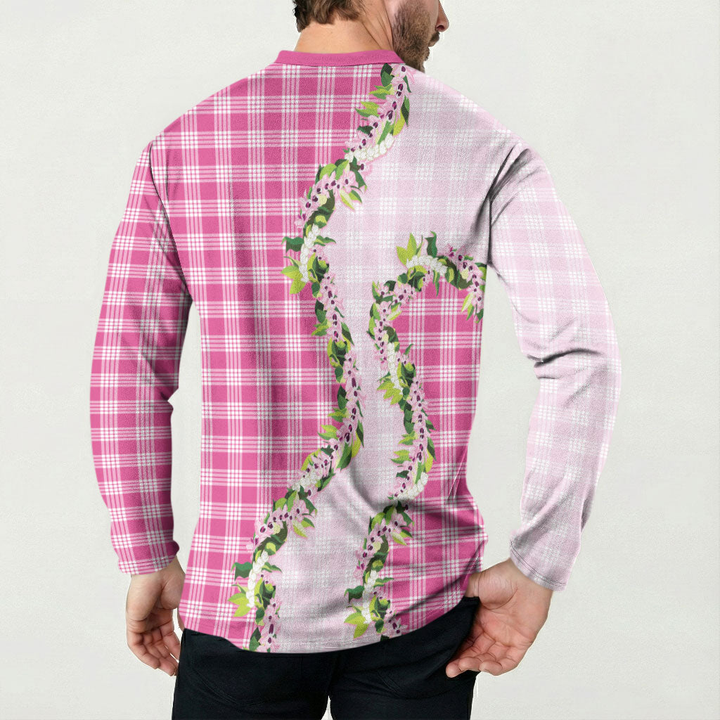 Pink Hawaii Palaka Button Sweatshirt Maile Pikake Honohono Orchid Lei