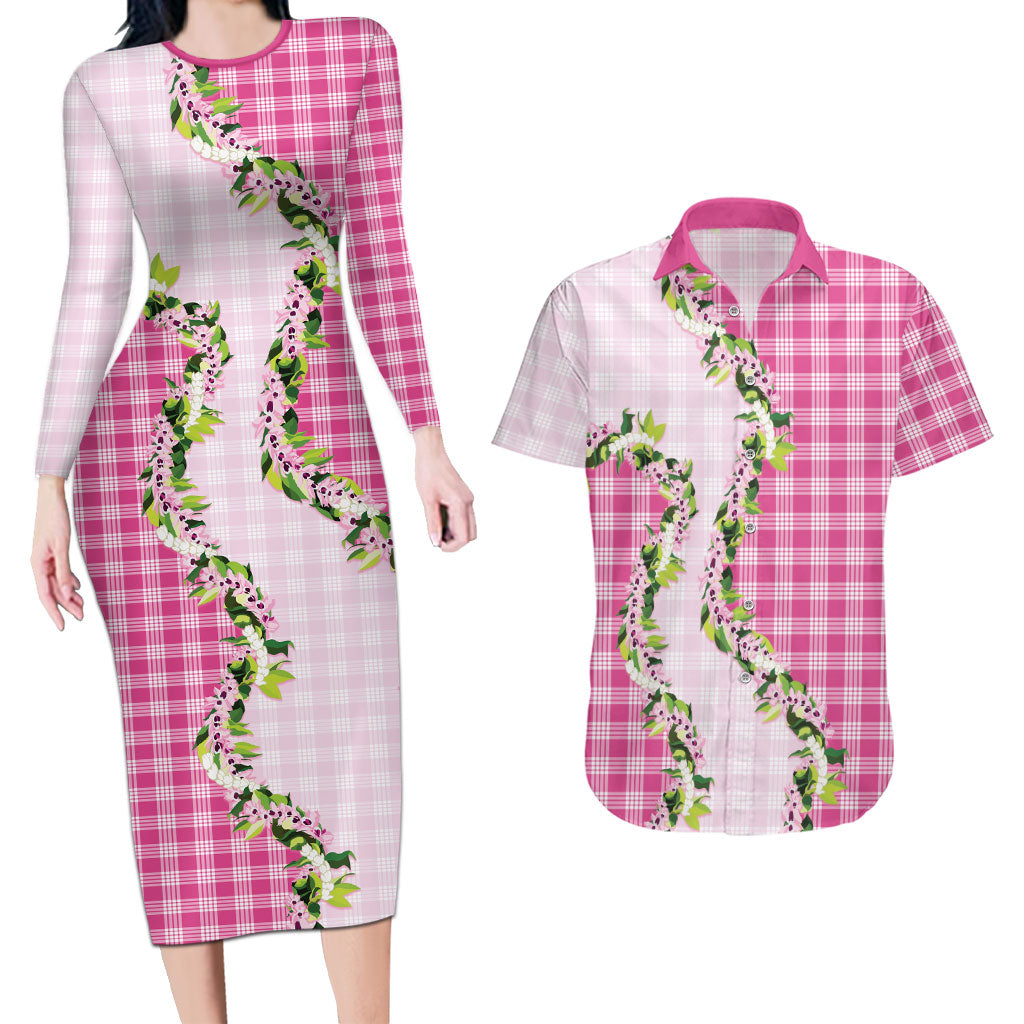 Pink Hawaii Palaka Couples Matching Long Sleeve Bodycon Dress and Hawaiian Shirt Maile Pikake Honohono Orchid Lei