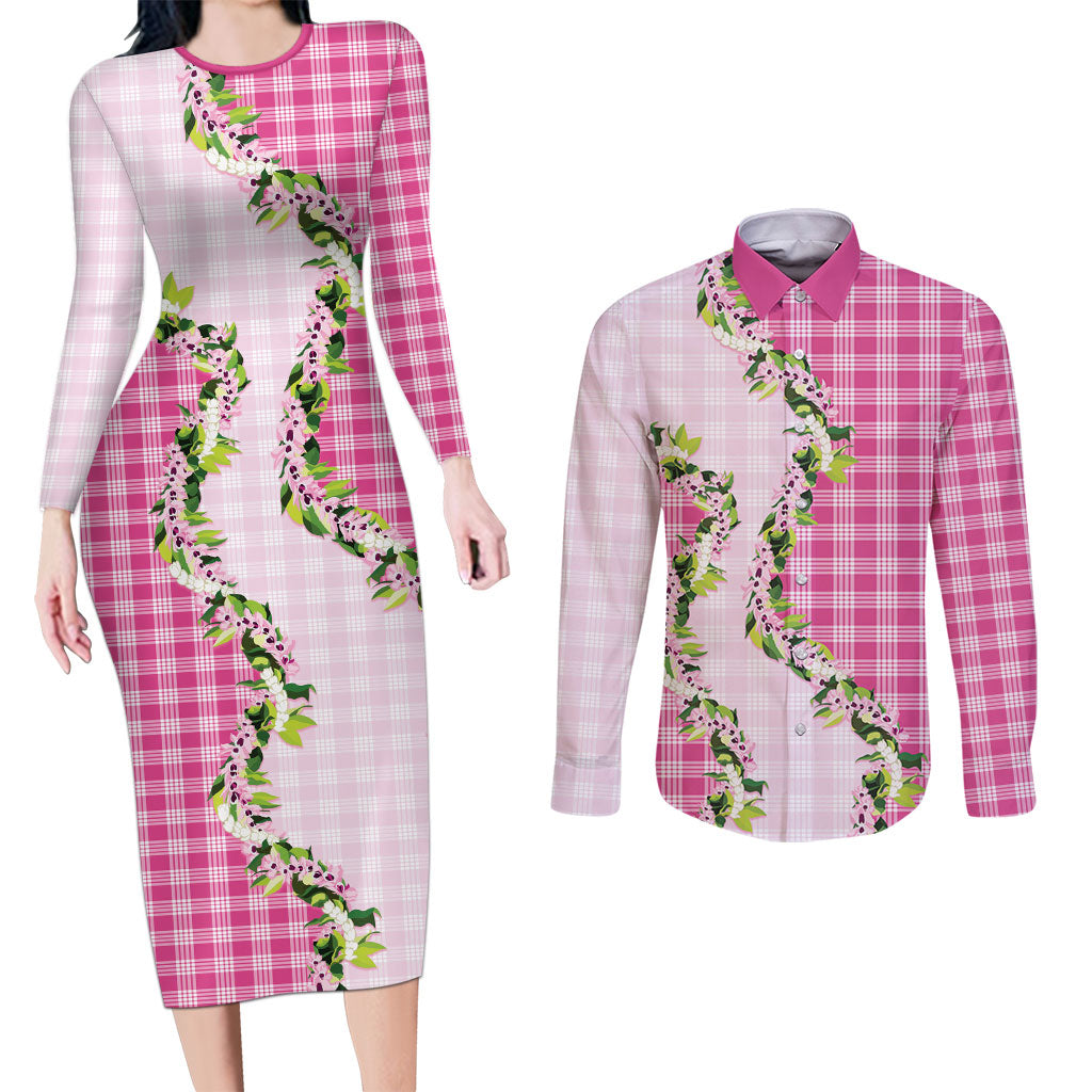 Pink Hawaii Palaka Couples Matching Long Sleeve Bodycon Dress and Long Sleeve Button Shirt Maile Pikake Honohono Orchid Lei