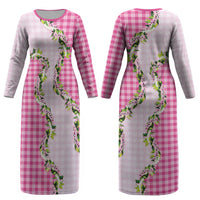 Pink Hawaii Palaka Couples Matching Long Sleeve Bodycon Dress and Long Sleeve Button Shirt Maile Pikake Honohono Orchid Lei LT05 - Polynesian Pride
