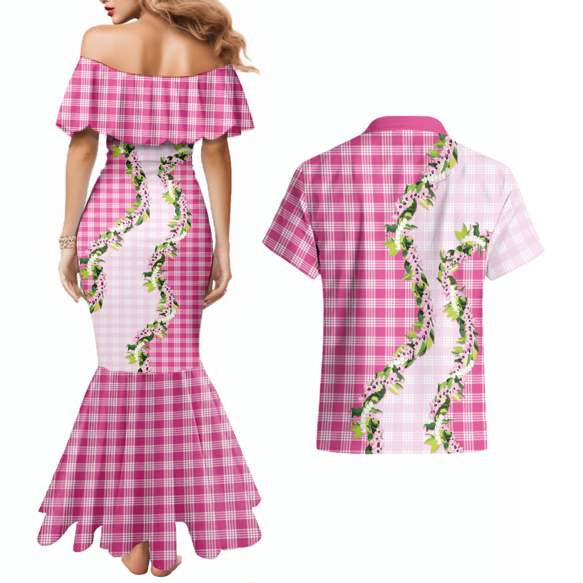 Pink Hawaii Palaka Couples Matching Mermaid Dress and Hawaiian Shirt Maile Pikake Honohono Orchid Lei