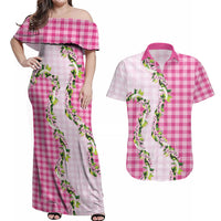 Pink Hawaii Palaka Couples Matching Off Shoulder Maxi Dress and Hawaiian Shirt Maile Pikake Honohono Orchid Lei