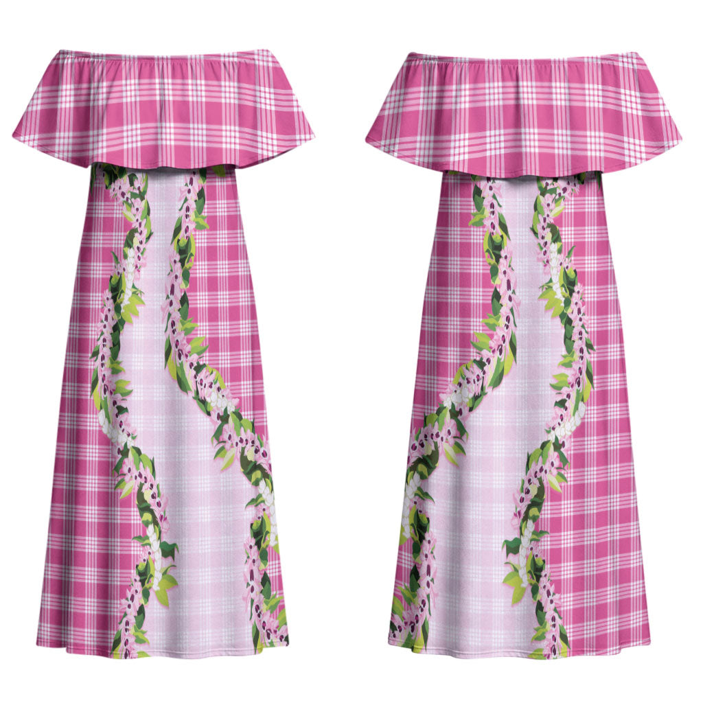 Pink Hawaii Palaka Couples Matching Off Shoulder Maxi Dress and Hawaiian Shirt Maile Pikake Honohono Orchid Lei LT05 - Polynesian Pride