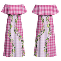 Pink Hawaii Palaka Couples Matching Off Shoulder Maxi Dress and Hawaiian Shirt Maile Pikake Honohono Orchid Lei LT05 - Polynesian Pride