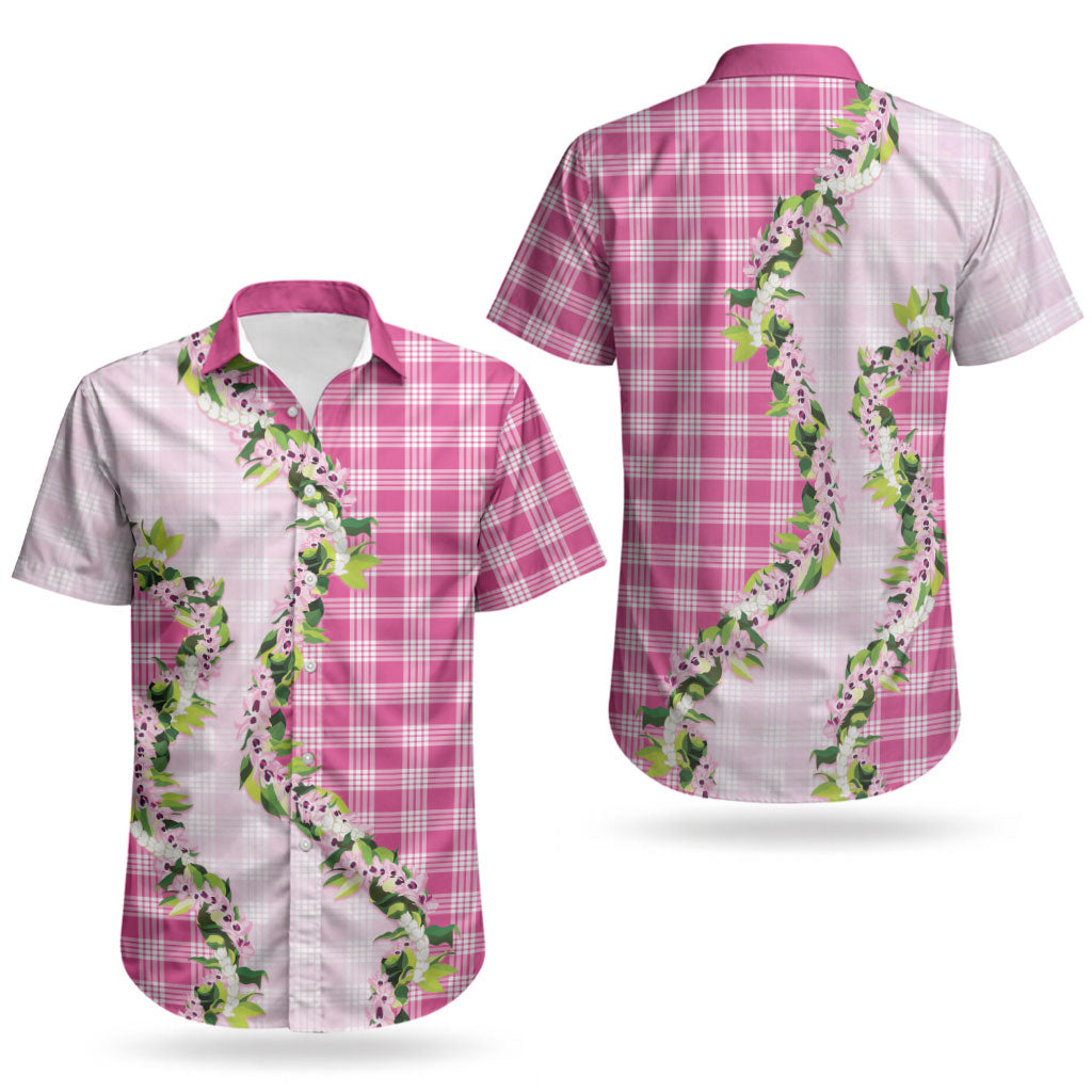 Pink Hawaii Palaka Couples Matching Off Shoulder Short Dress and Hawaiian Shirt Maile Pikake Honohono Orchid Lei LT05 - Polynesian Pride