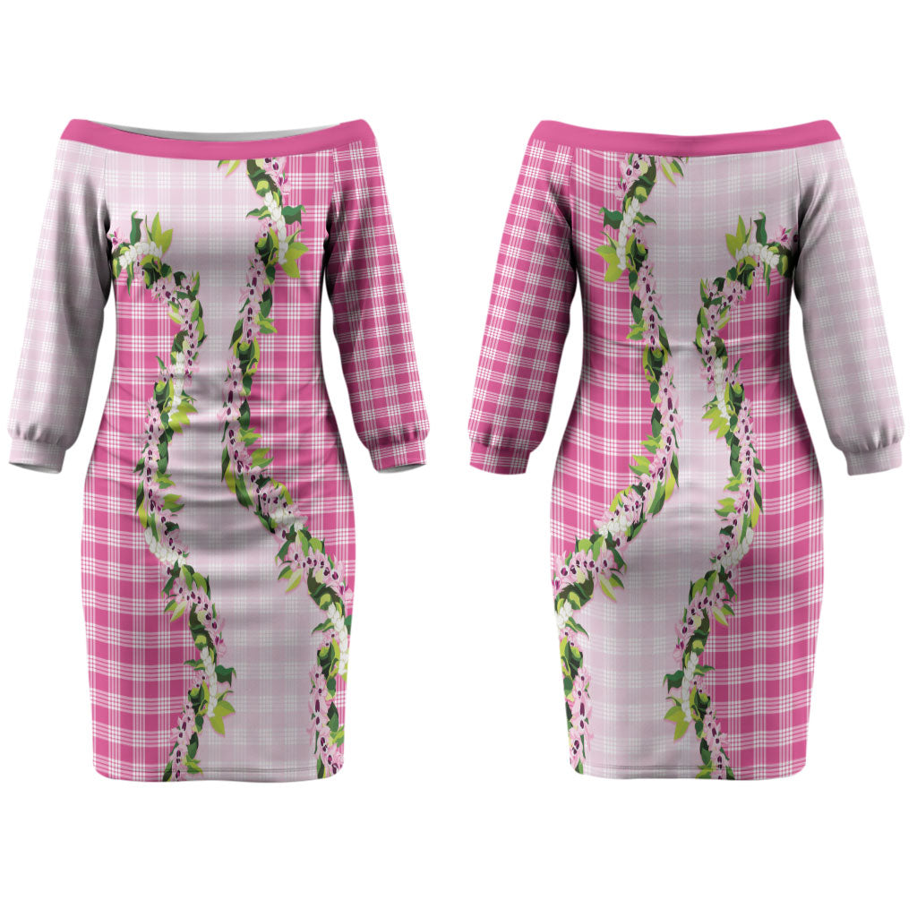Pink Hawaii Palaka Couples Matching Off The Shoulder Long Sleeve Dress and Hawaiian Shirt Maile Pikake Honohono Orchid Lei LT05 - Polynesian Pride
