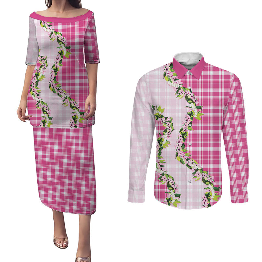 Pink Hawaii Palaka Couples Matching Puletasi and Long Sleeve Button Shirt Maile Pikake Honohono Orchid Lei
