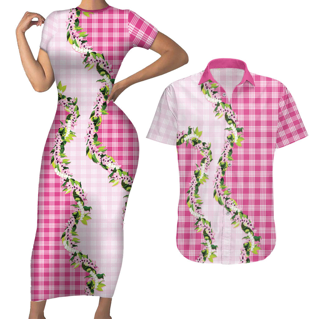Pink Hawaii Palaka Couples Matching Short Sleeve Bodycon Dress and Hawaiian Shirt Maile Pikake Honohono Orchid Lei