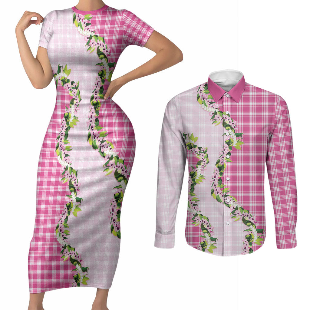 Pink Hawaii Palaka Couples Matching Short Sleeve Bodycon Dress and Long Sleeve Button Shirt Maile Pikake Honohono Orchid Lei LT05 Pink - Polynesian Pride