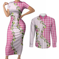 Pink Hawaii Palaka Couples Matching Short Sleeve Bodycon Dress and Long Sleeve Button Shirt Maile Pikake Honohono Orchid Lei LT05 Pink - Polynesian Pride