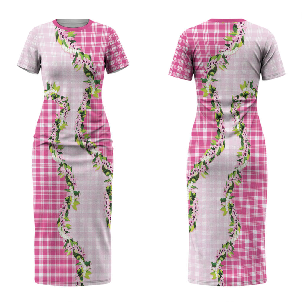 Pink Hawaii Palaka Couples Matching Short Sleeve Bodycon Dress and Long Sleeve Button Shirt Maile Pikake Honohono Orchid Lei LT05 - Polynesian Pride