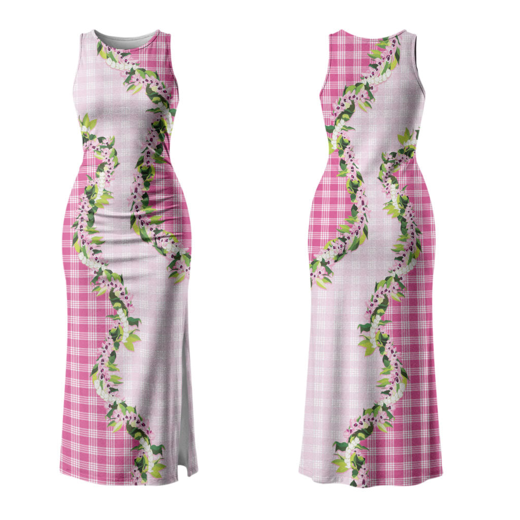 Pink Hawaii Palaka Couples Matching Tank Maxi Dress and Long Sleeve Button Shirt Maile Pikake Honohono Orchid Lei LT05 - Polynesian Pride