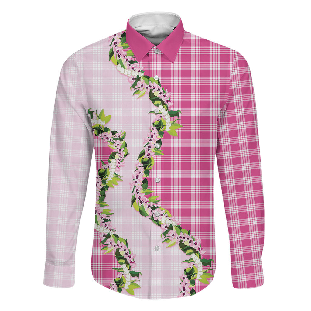 Pink Hawaii Palaka Family Matching Long Sleeve Bodycon Dress and Hawaiian Shirt Maile Pikake Honohono Orchid Lei