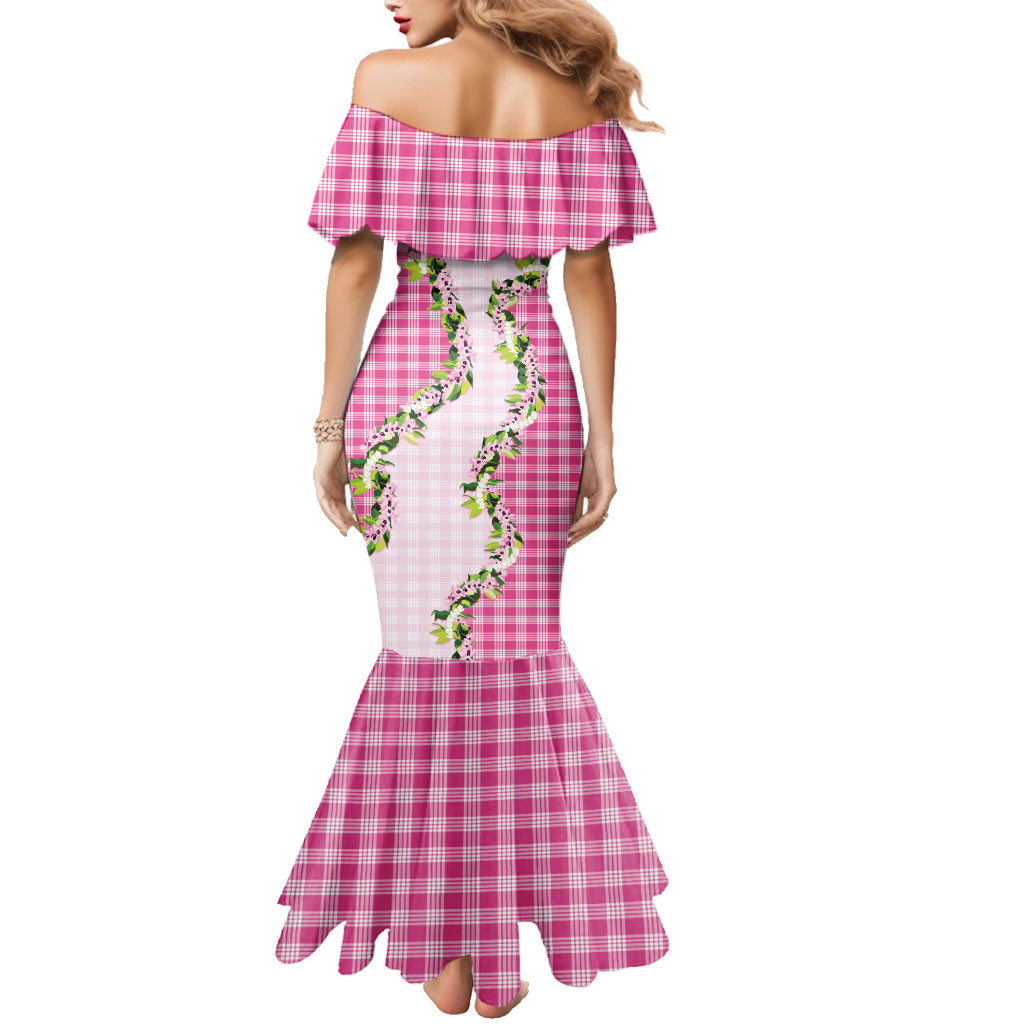 Pink Hawaii Palaka Family Matching Mermaid Dress and Hawaiian Shirt Maile Pikake Honohono Orchid Lei