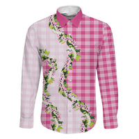 Pink Hawaii Palaka Family Matching Off The Shoulder Long Sleeve Dress and Hawaiian Shirt Maile Pikake Honohono Orchid Lei