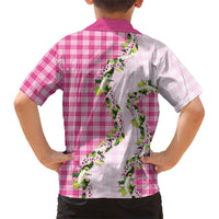 Pink Hawaii Palaka Family Matching Off Shoulder Short Dress and Hawaiian Shirt Maile Pikake Honohono Orchid Lei