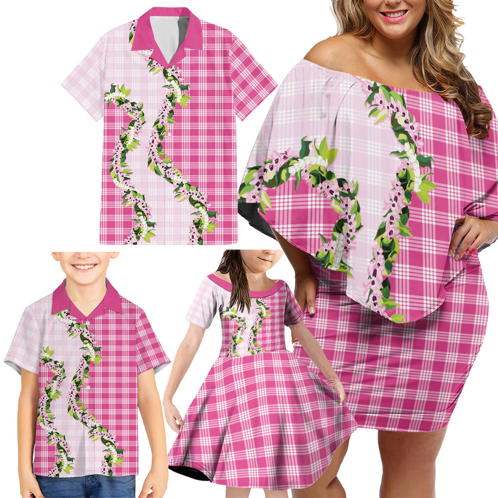 Pink Hawaii Palaka Family Matching Off Shoulder Short Dress and Hawaiian Shirt Maile Pikake Honohono Orchid Lei