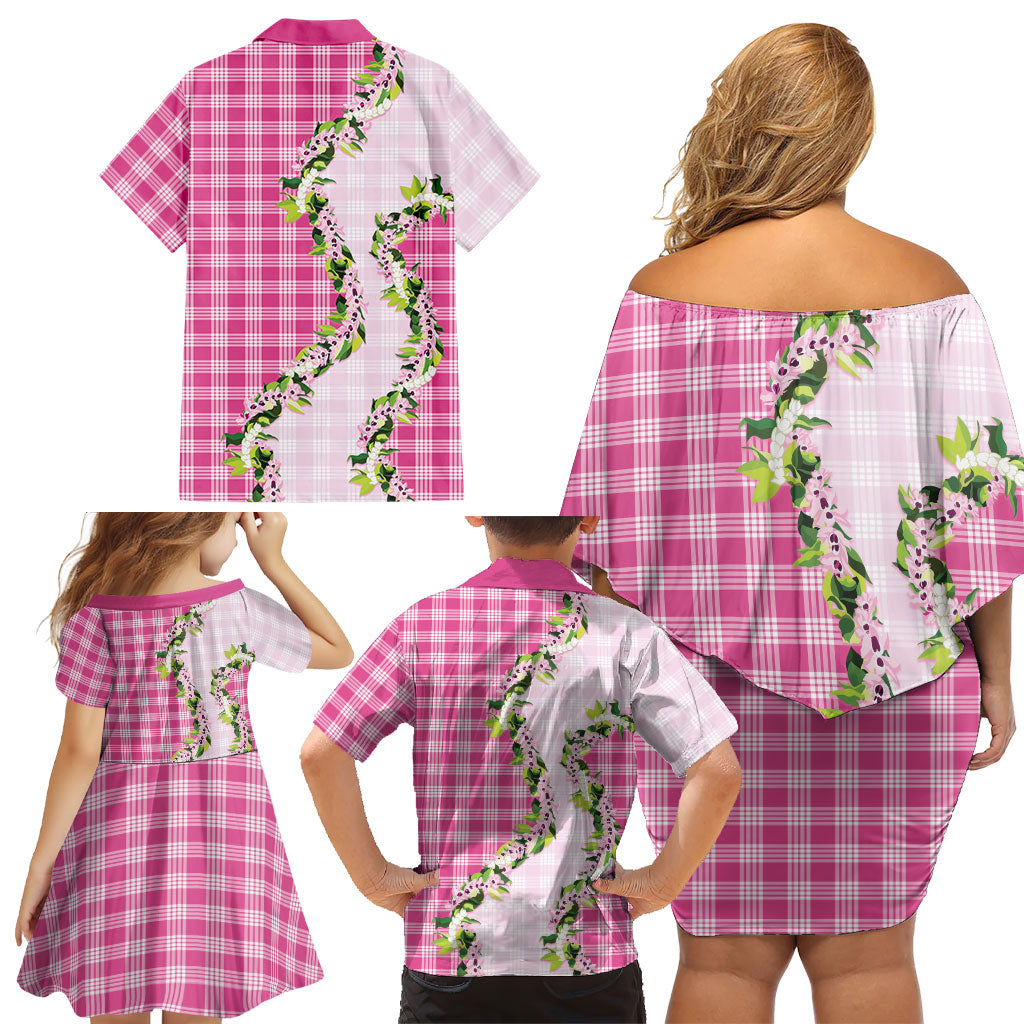 Pink Hawaii Palaka Family Matching Off Shoulder Short Dress and Hawaiian Shirt Maile Pikake Honohono Orchid Lei