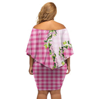 Pink Hawaii Palaka Family Matching Off Shoulder Short Dress and Hawaiian Shirt Maile Pikake Honohono Orchid Lei