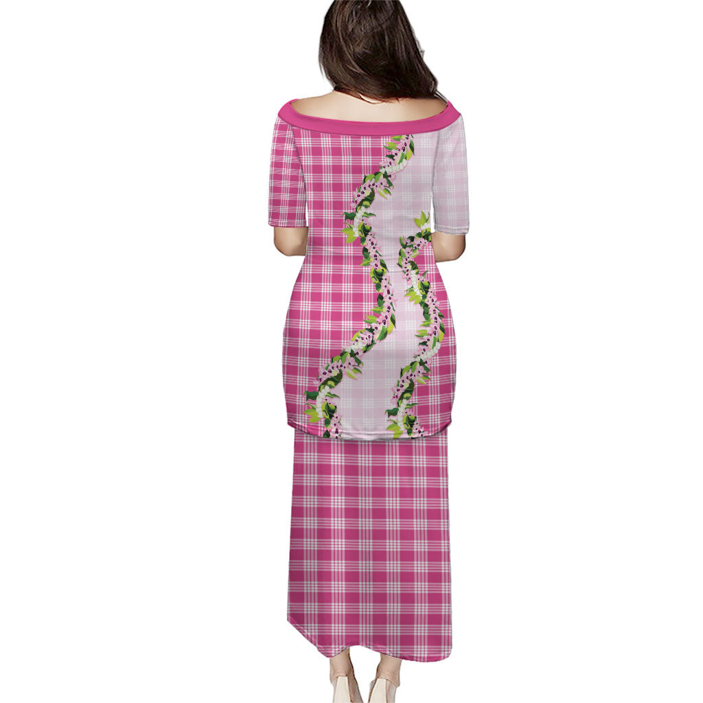 Pink Hawaii Palaka Family Matching Puletasi and Hawaiian Shirt Maile Pikake Honohono Orchid Lei