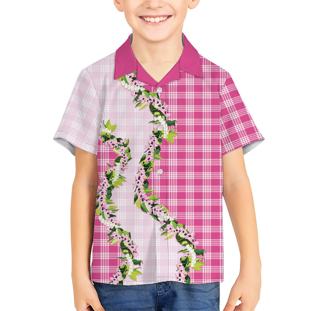 Pink Hawaii Palaka Family Matching Puletasi and Hawaiian Shirt Maile Pikake Honohono Orchid Lei