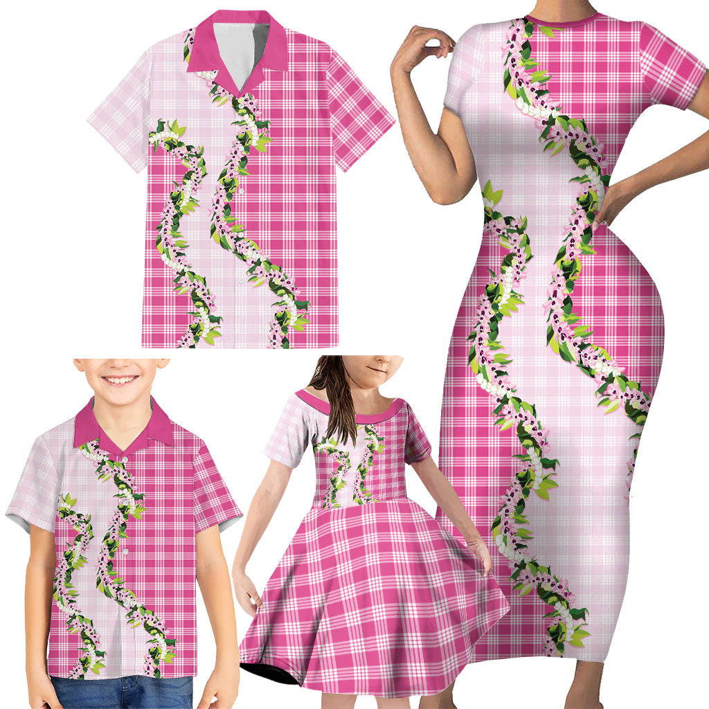 Pink Hawaii Palaka Family Matching Short Sleeve Bodycon Dress and Hawaiian Shirt Maile Pikake Honohono Orchid Lei