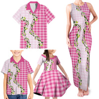 Pink Hawaii Palaka Family Matching Tank Maxi Dress and Hawaiian Shirt Maile Pikake Honohono Orchid Lei
