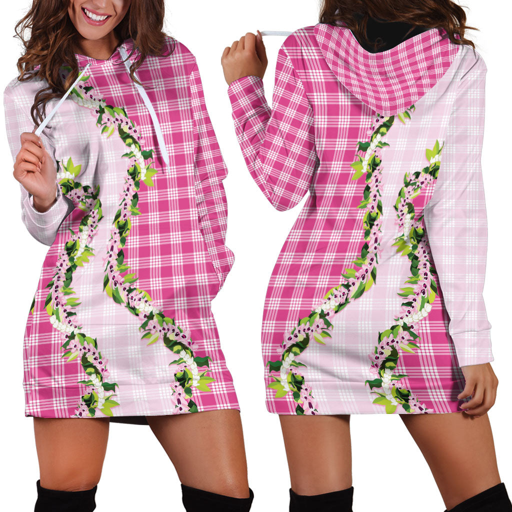 Pink Hawaii Palaka Hoodie Dress Maile Pikake Honohono Orchid Lei