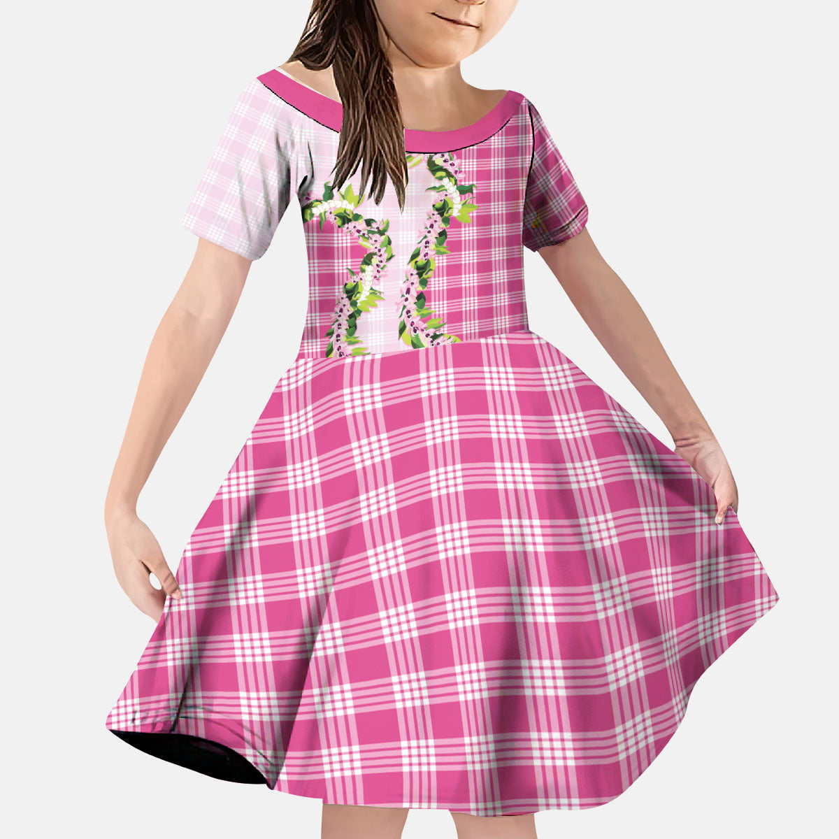Pink Hawaii Palaka Kid Short Sleeve Dress Maile Pikake Honohono Orchid Lei