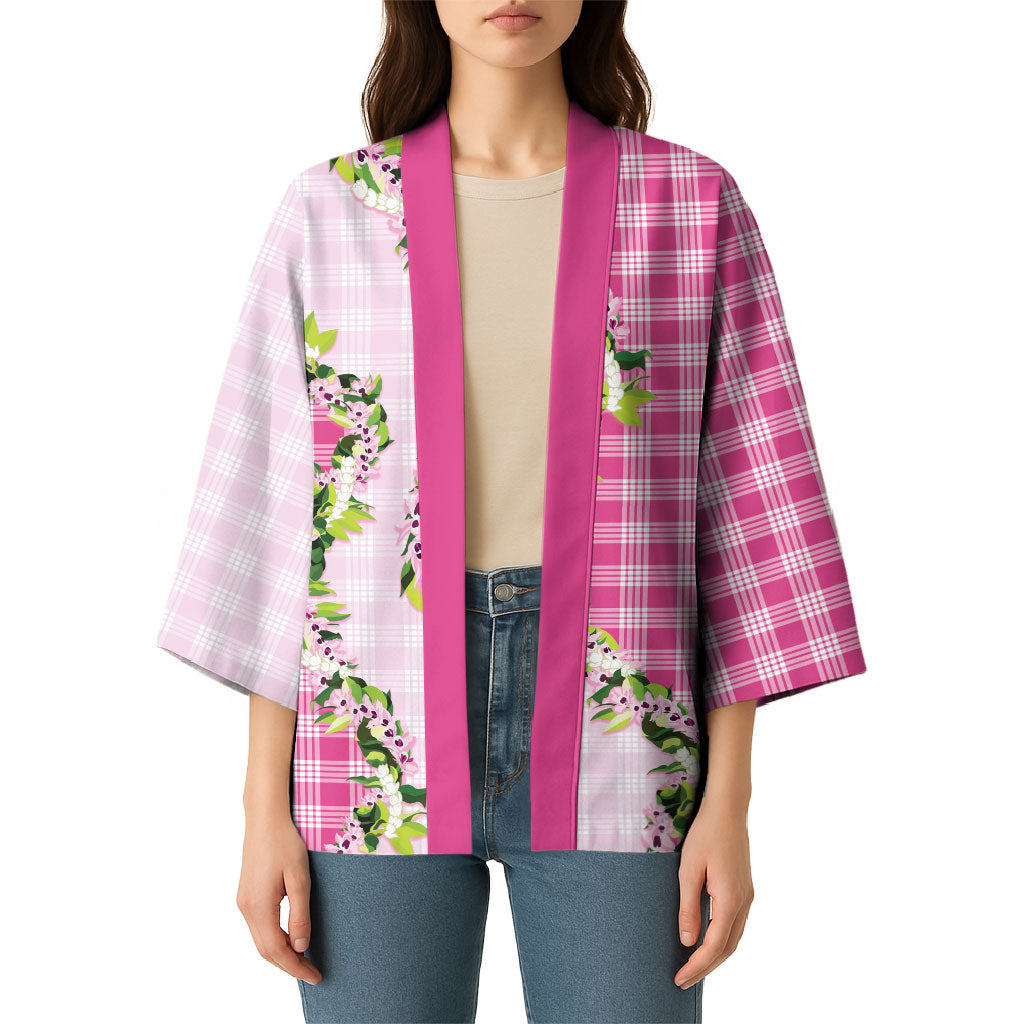 Pink Hawaii Palaka Kimono Maile Pikake Honohono Orchid Lei
