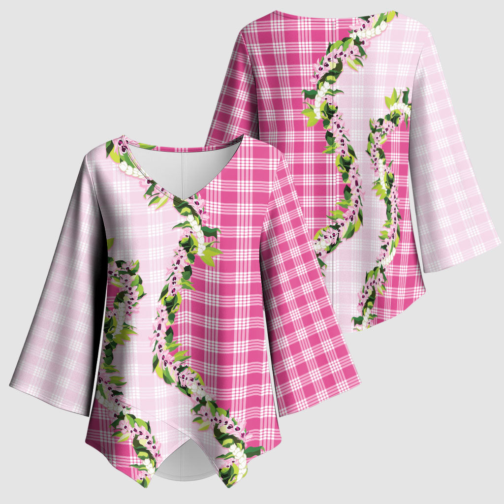 Pink Hawaii Palaka Kimono Sleeve Blouse Maile Pikake Honohono Orchid Lei